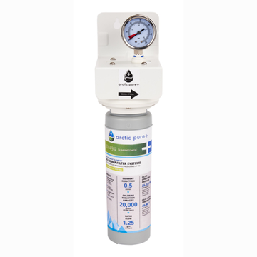 Water filtration system for ice machines, featuring a pressure gauge, part of commercial water filtration systems for ice machines.