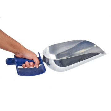 Hand holding a metal scoop for ice-service accessories, ideal for efficient handling and serving.