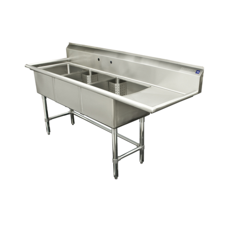 Thorinox TTS-2424-R24 98.5" x 30" 3-Compartment Stainless Steel Commercial Sink with 24" Right Drainboard